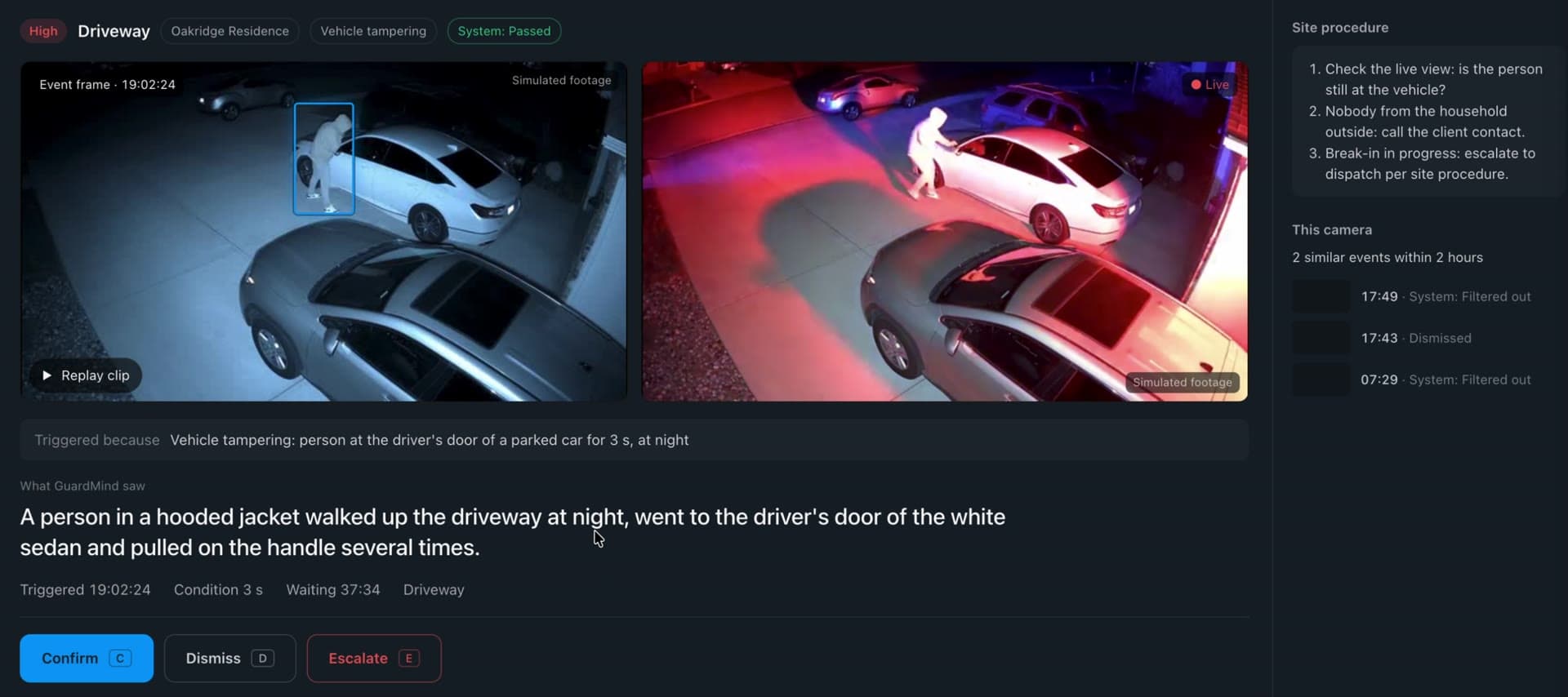 GuardMind Reflex watching a live camera feed and describing what a person is doing