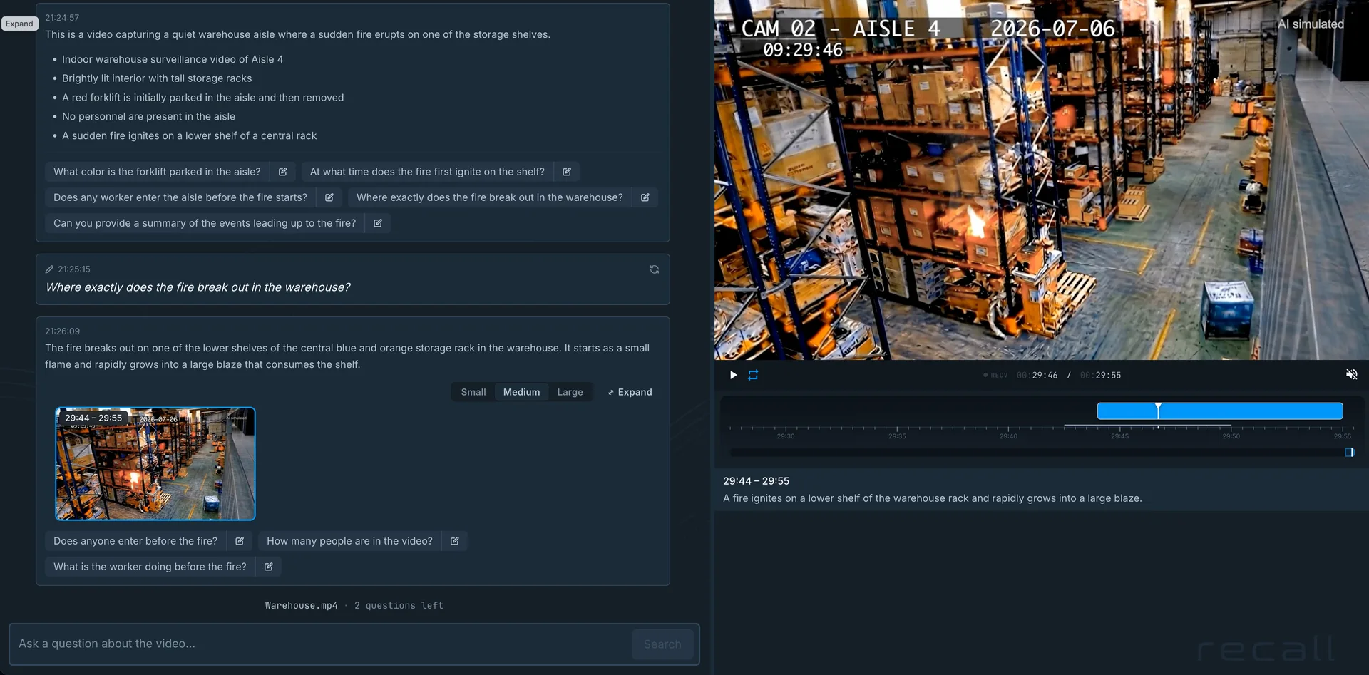 Recall answering a question about a warehouse video: the question "Where exactly does the fire break out in the warehouse?", a written answer, the matching timestamped clip and the camera view of the fire